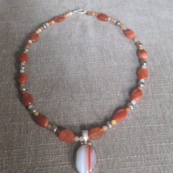New Orange & Cream Agate Beaded Pendant Necklace, Sterling Silver, Unique, Boxed - Picture 4 of 8